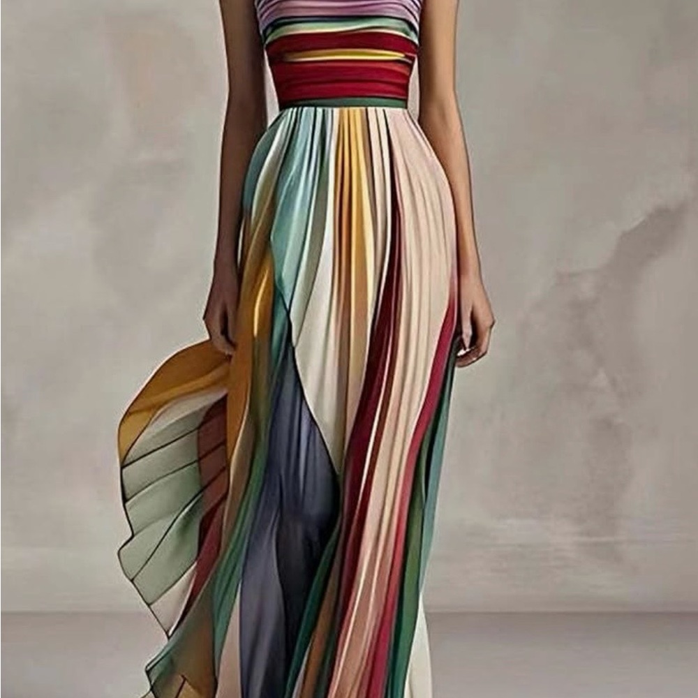 Multicolor Striped Maxi Dress - Elegant Pleated Summer Gown